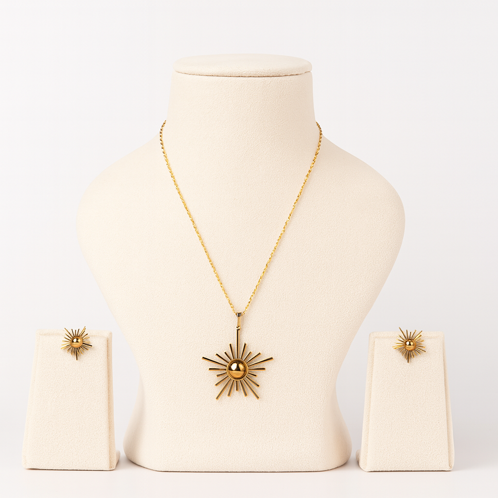 Aanura Golden Sunburst Necklace & Earrings Set