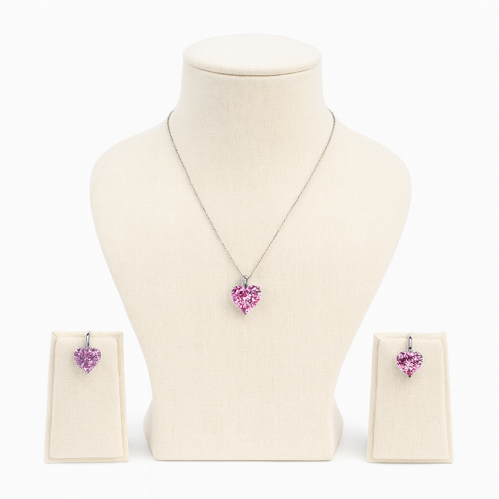 Aanura Pink Heart Crystal Necklace & Earrings Set