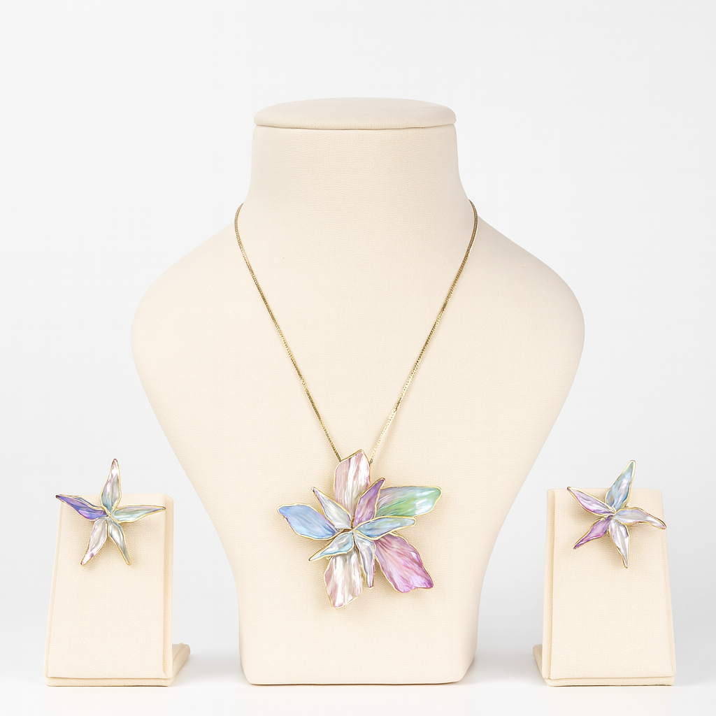 Aanura Pink Orchid Flower Necklace & Earrings