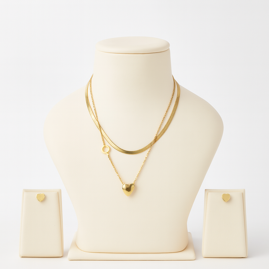 Aanura Golden Heart & Key Necklace & Earrings Set