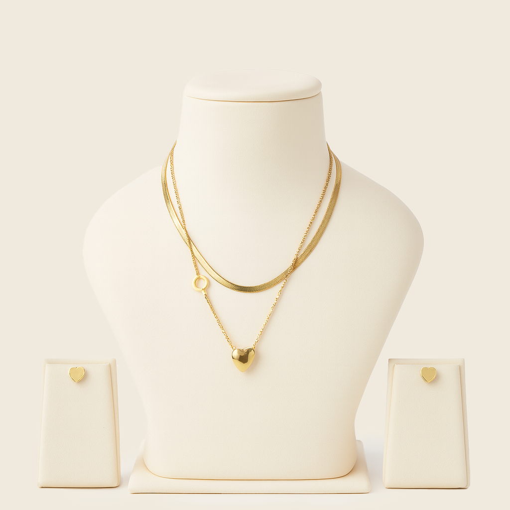Aanura Golden Heart & Key Necklace & Earrings Set