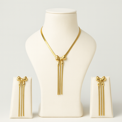 Aanura Golden Ribbon Bow Necklace & Earrings Set