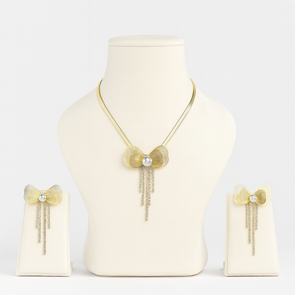 Aanura Golden Pearl Bow Necklace & Earrings Set