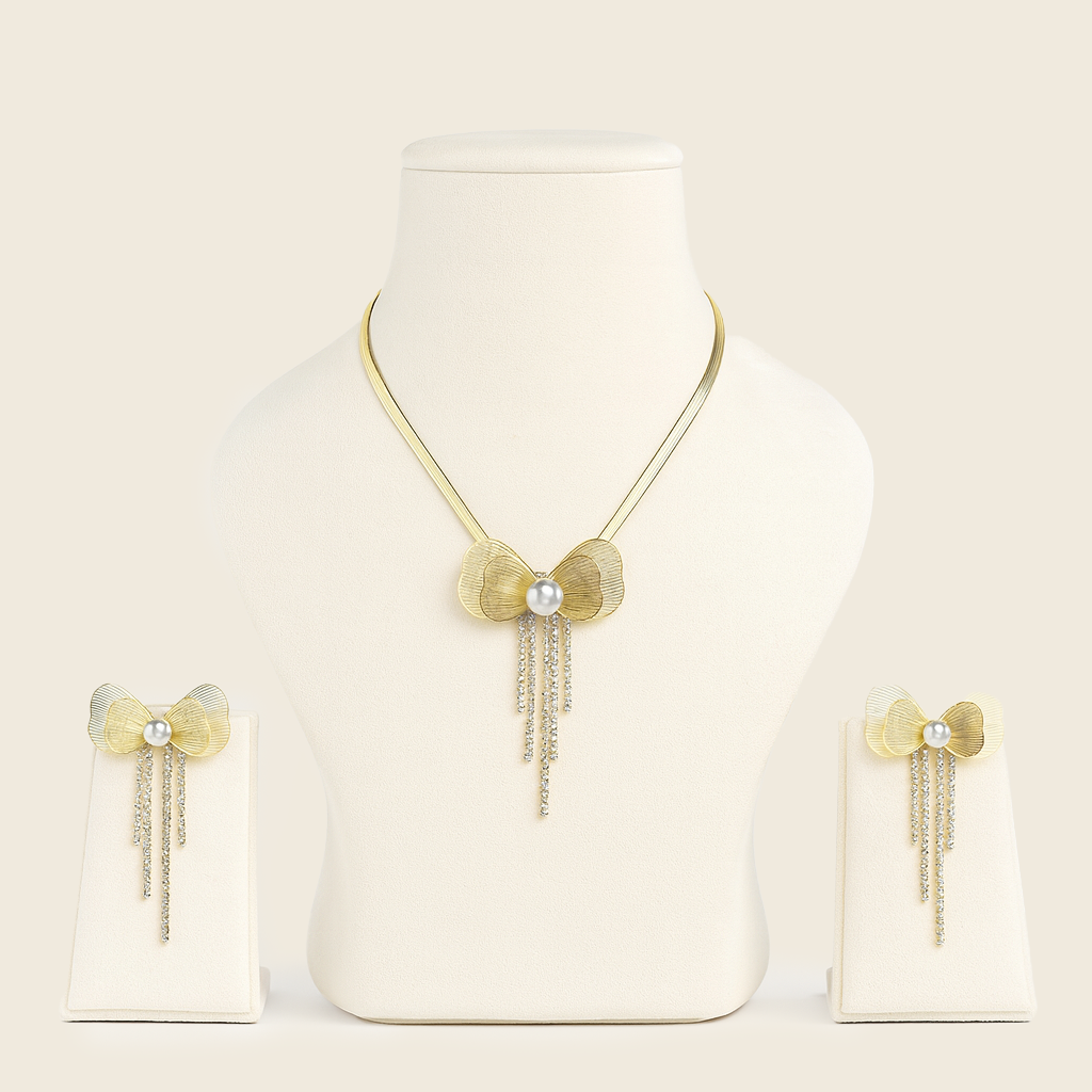 Aanura Golden Pearl Bow Necklace & Earrings Set