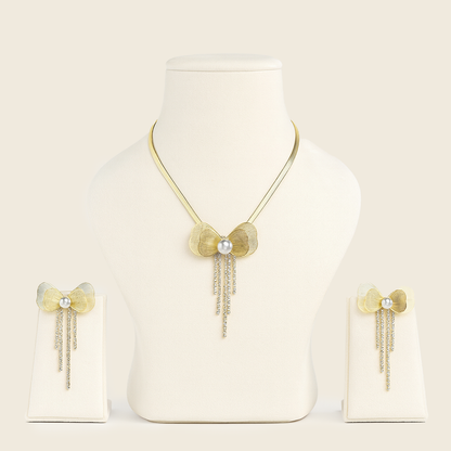 Aanura Golden Pearl Bow Necklace & Earrings Set