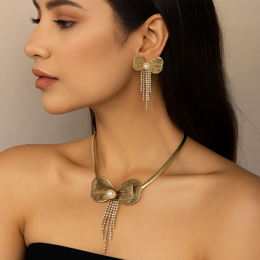 Aanura Golden Pearl Bow Necklace & Earrings Set