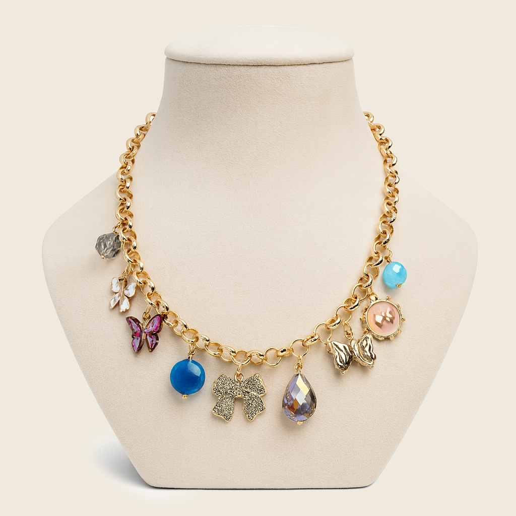 Aanura Gold Charm Necklace with Multicolor Pendants