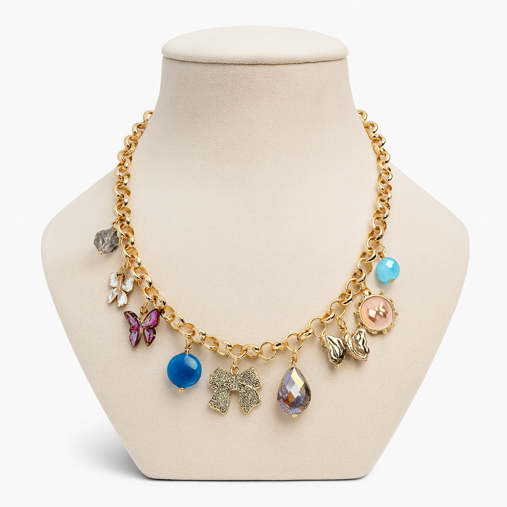 Aanura Gold Charm Necklace with Multicolor Pendants