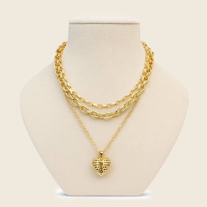 Aanura Layered Gold Chain Necklace with Waffle Heart Pendant