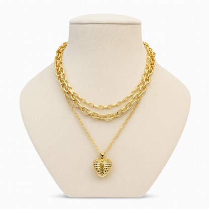 Aanura Layered Gold Chain Necklace with Waffle Heart Pendant