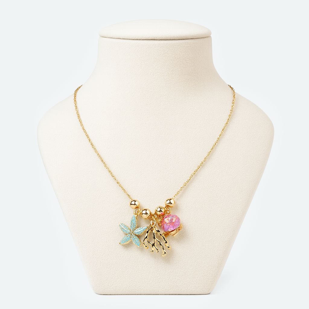 Aanura Ocean Charm Gold Necklace with Starfish, Shell & Coral