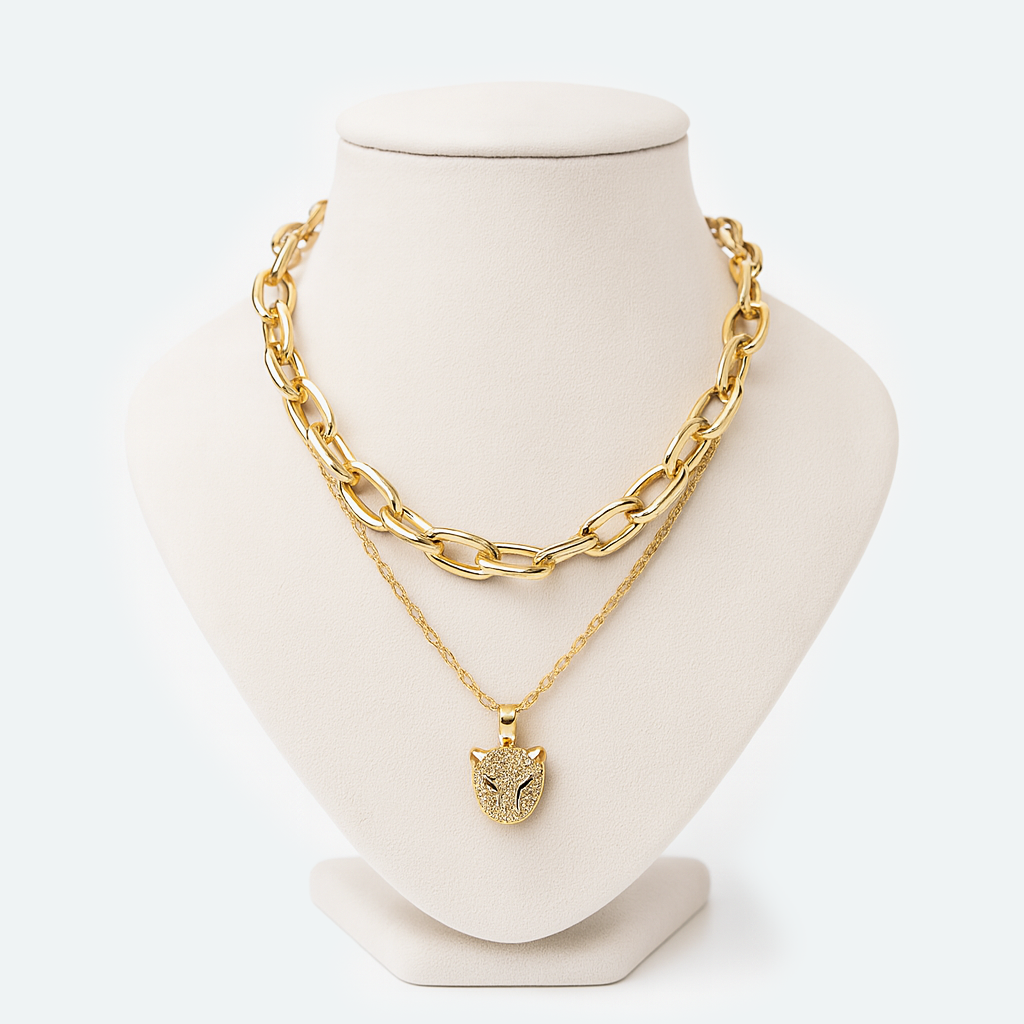 Aanura Gold Panther Pendant Layered Chain