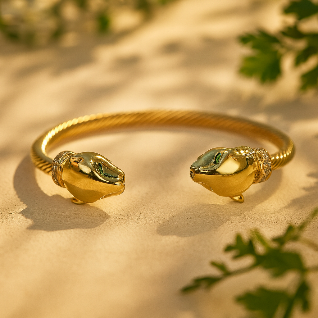 Panther Head Gold Open Cuff Bracelet