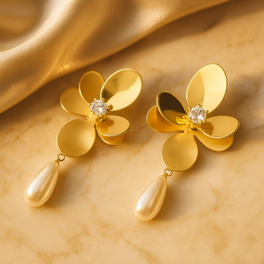 Aanura Pearl Drop Floral Gold Earrings