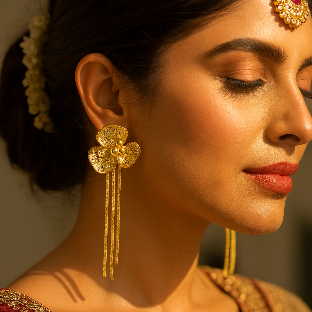 Aanura Golden Floral Tassel Earrings