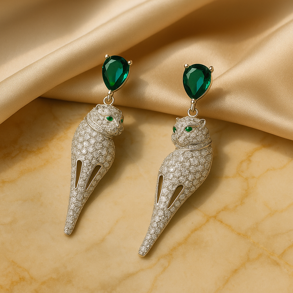 Aanura Panther Green Stone Studded Earrings
