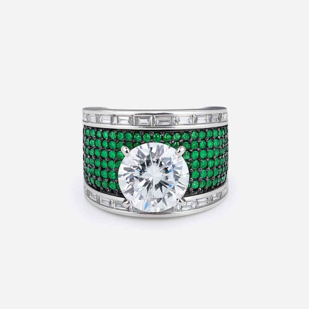Aanura Silver Wide-Band Emerald Pavé Statement Ring