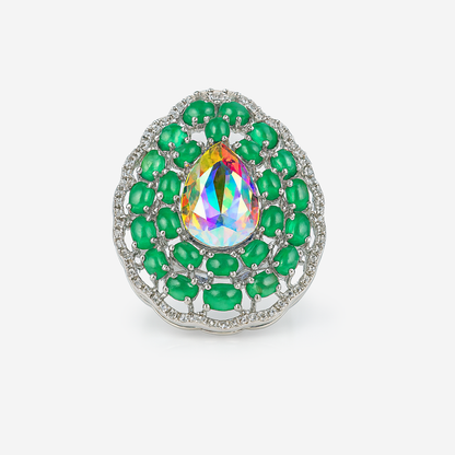 Aanura Silver Iridescent Gem & Emerald Halo Ring