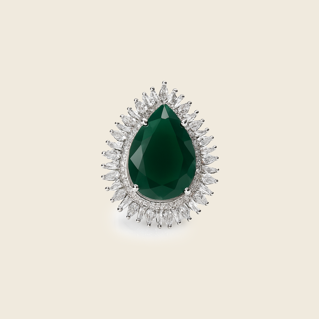 Aanura Silver Green Oval Gem Halo Cocktail Ring