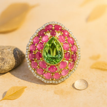 Aanura Silver Iridescent Gem & Emerald Halo Ring