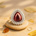 Rhodium Plated Red Oval Halo Anti-Tarnish Waterproof Ring