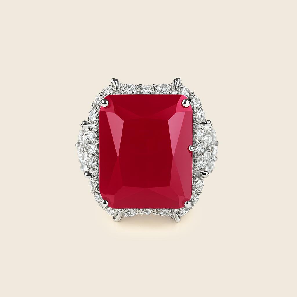 Aanura Silver Ruby-Red Emerald-Cut Cocktail Ring