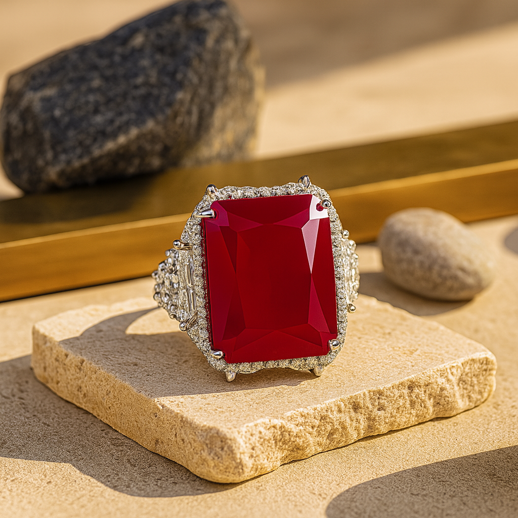 Aanura Silver Ruby-Red Emerald-Cut Cocktail Ring