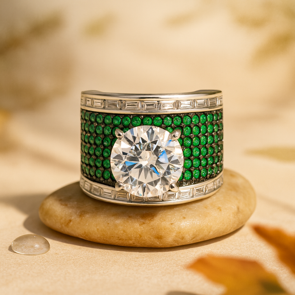 Aanura Silver Wide-Band Emerald Pavé Statement Ring