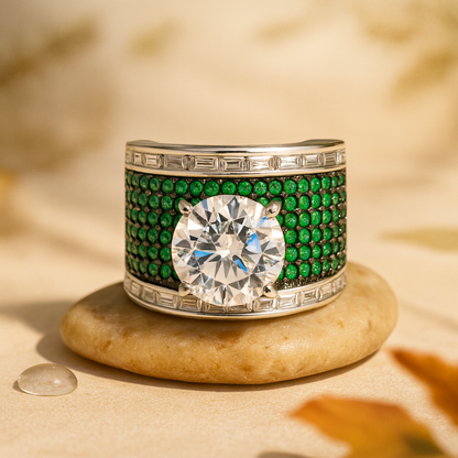 Aanura Silver Wide-Band Emerald Pavé Statement Ring