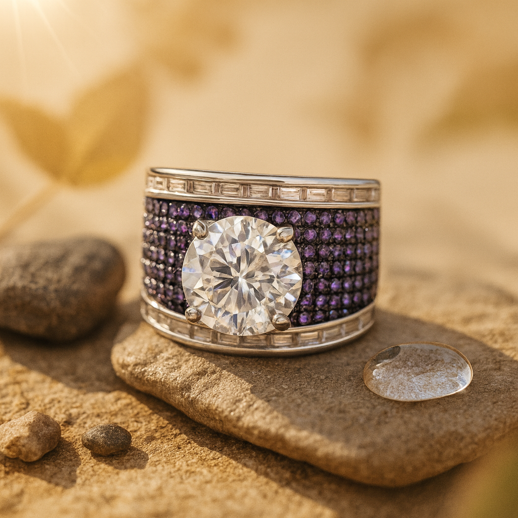 Aanura Silver Wide-Band Emerald Pavé Statement Ring