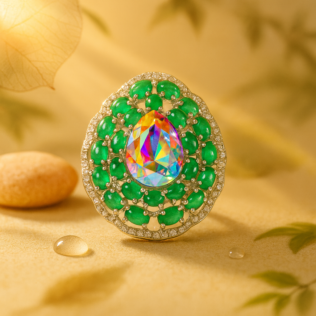 Aanura Silver Iridescent Gem & Emerald Halo Ring