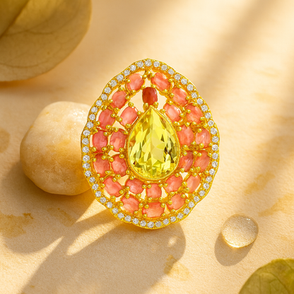 Aanura Silver Iridescent Gem & Emerald Halo Ring