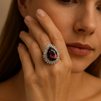 Rhodium Plated Red Oval Halo Anti-Tarnish Waterproof Ring