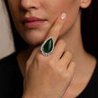 Rhodium Plated Green Teardrop Anti-Tarnish Waterproof Ring