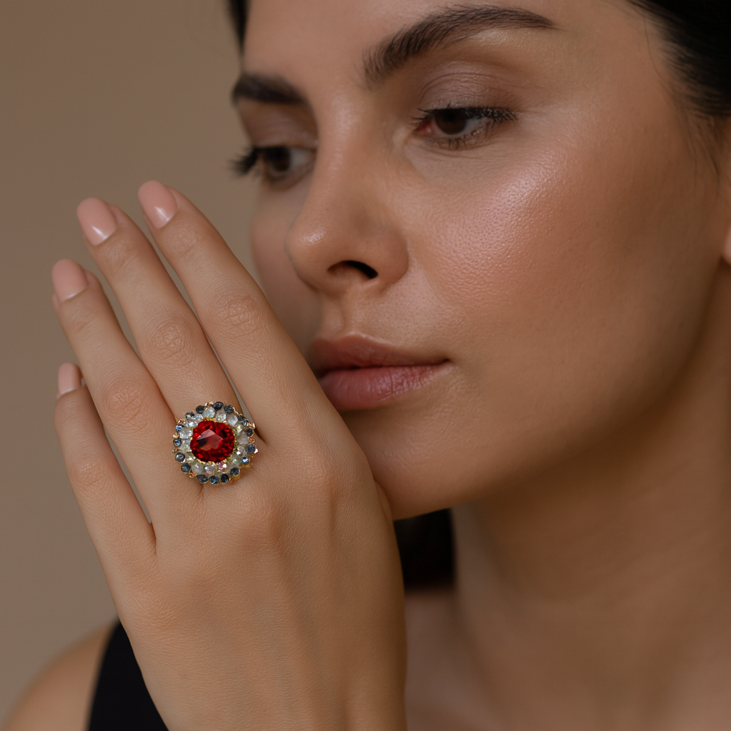 Aanura Silver Emerald Cluster Statement Ring