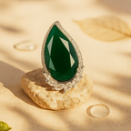 Rhodium Plated Green Teardrop Anti-Tarnish Waterproof Ring