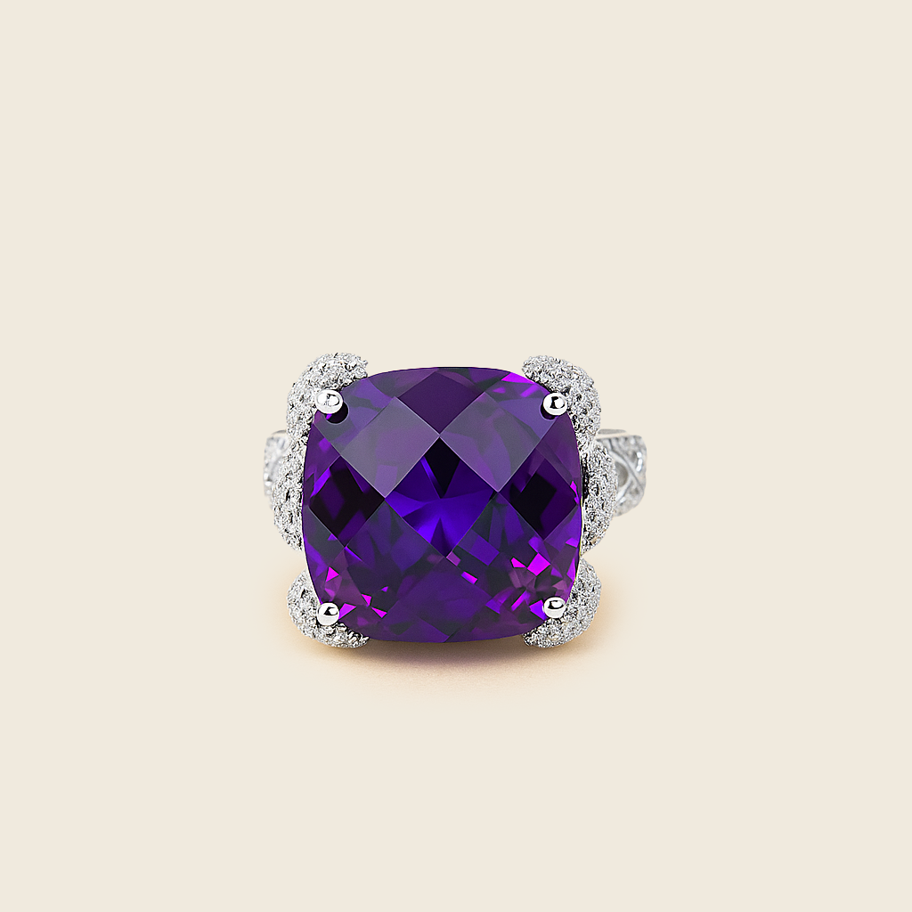 Aanura Silver Purple Gem Pavé Crystal Cocktail Ring