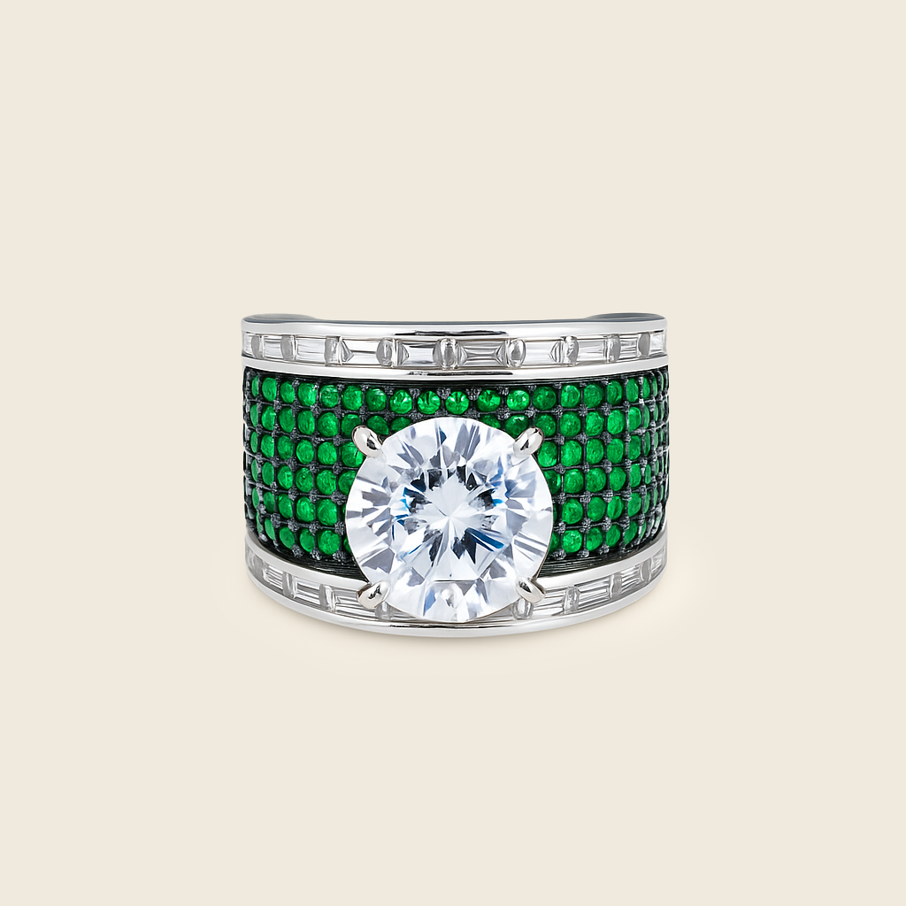Aanura Silver Wide-Band Emerald Pavé Statement Ring