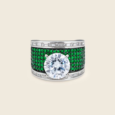 Aanura Silver Wide-Band Emerald Pavé Statement Ring
