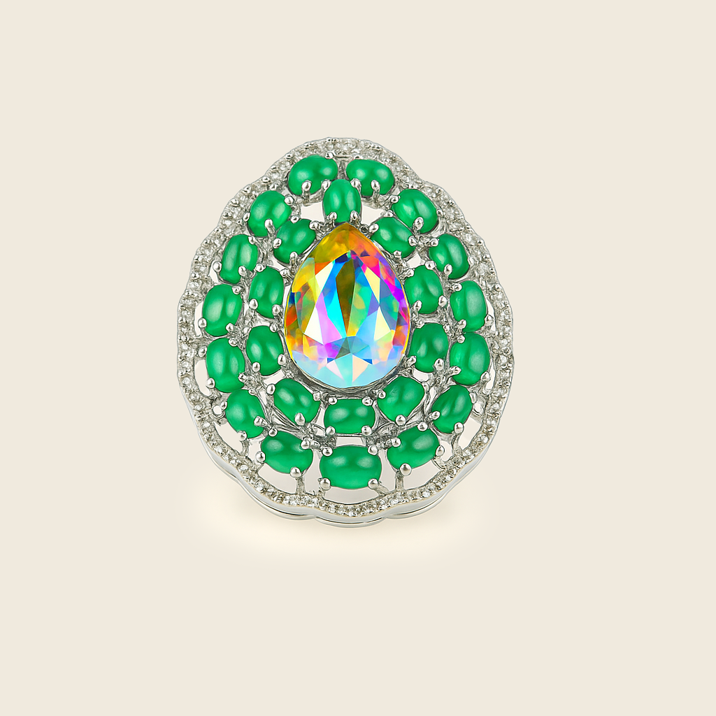 Aanura Silver Iridescent Gem & Emerald Halo Ring