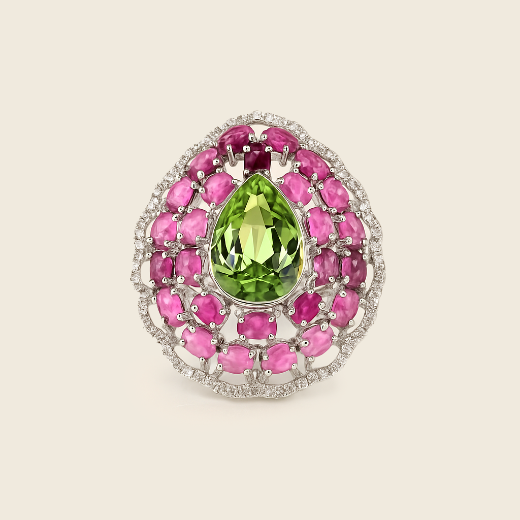 Aanura Silver Iridescent Gem & Emerald Halo Ring