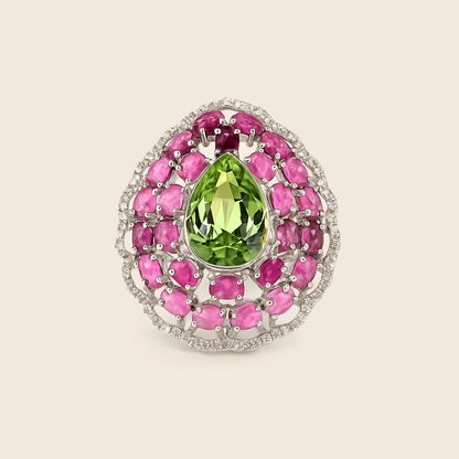 Aanura Silver Iridescent Gem & Emerald Halo Ring