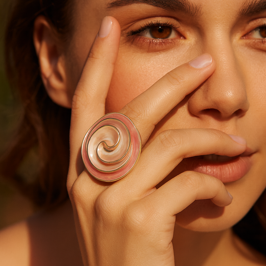 Aanura Pink & Pearl Swirl Statement Ring – Stainless Steel, Gold Plated