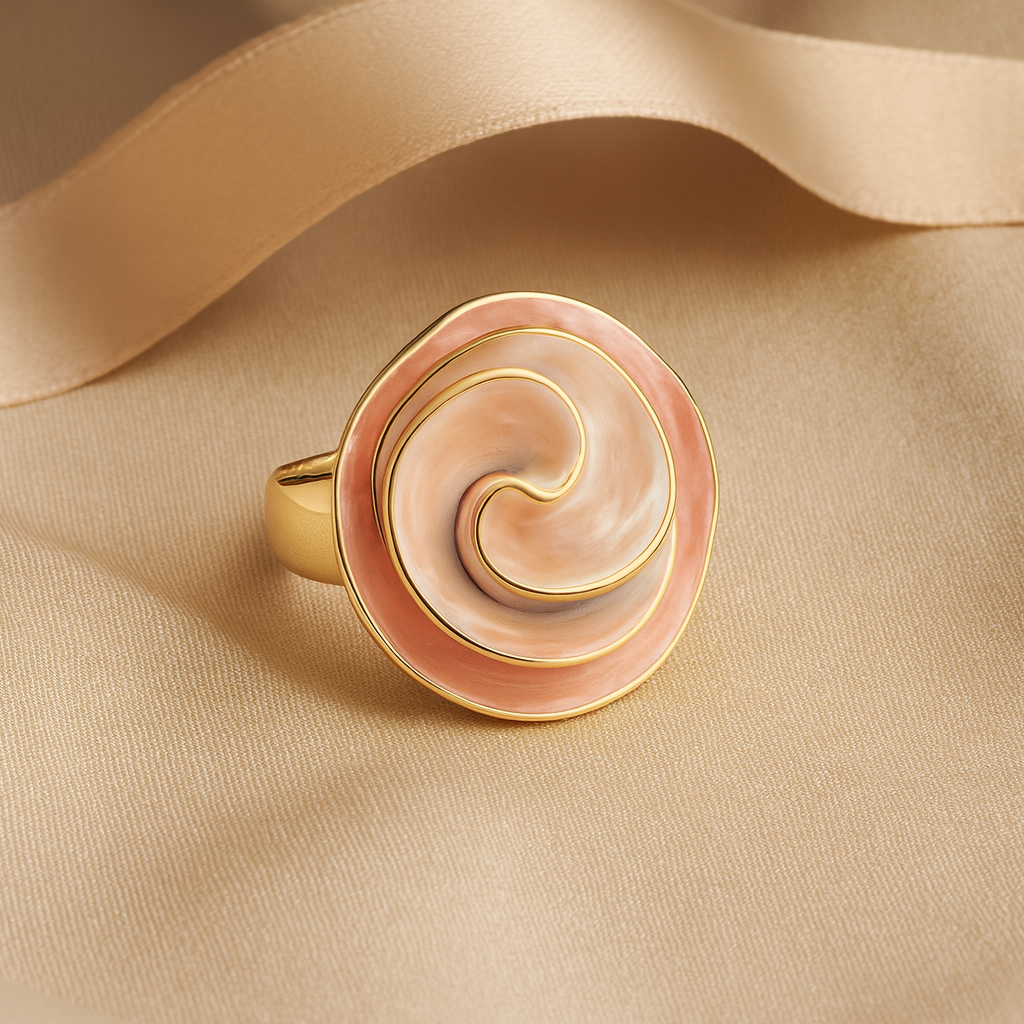 Aanura Pink & Pearl Swirl Statement Ring – Stainless Steel, Gold Plated