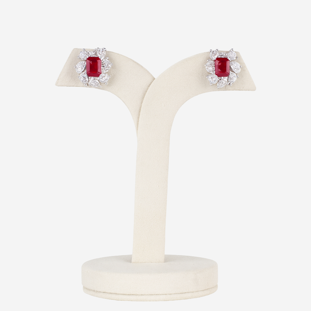 Aanura Red Gemstone Floral Halo Stud Earrings