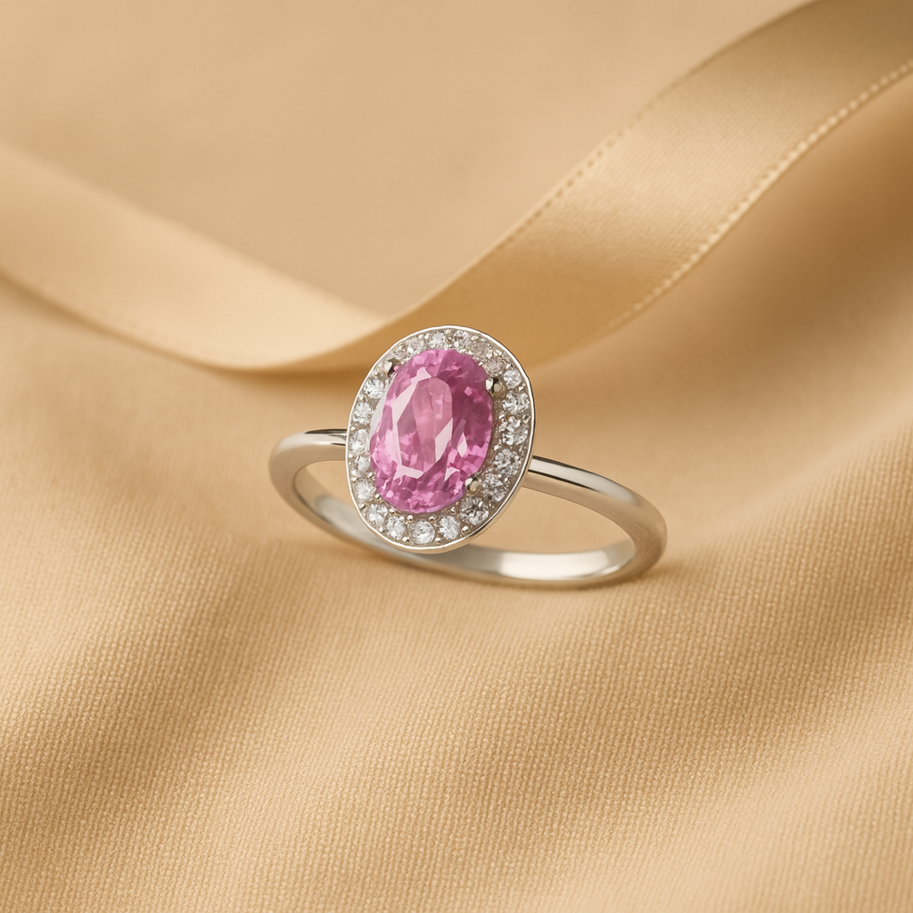 Aanura Oval Pink Halo Silver Ring – Elegant Statement Piece