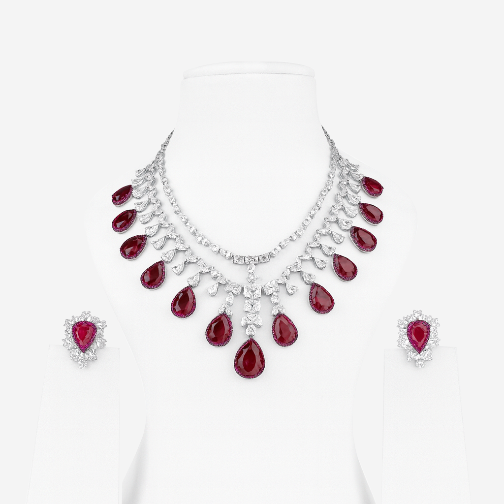 Aanura Ruby Teardrop Layered Necklace Set Stainless Steel