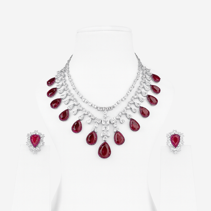 Aanura Ruby Teardrop Layered Necklace Set Stainless Steel