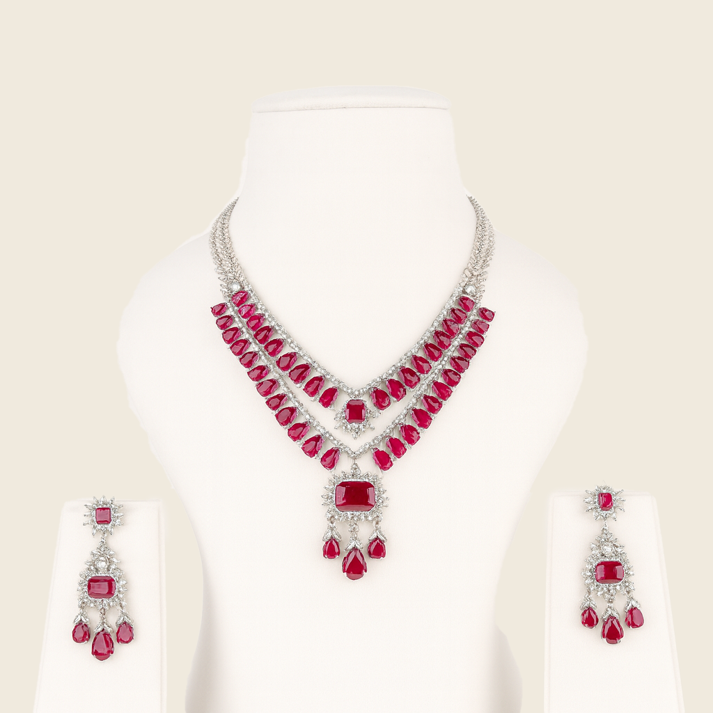 Aanura Ruby Red Bridal Necklace Set in Stainless Steel