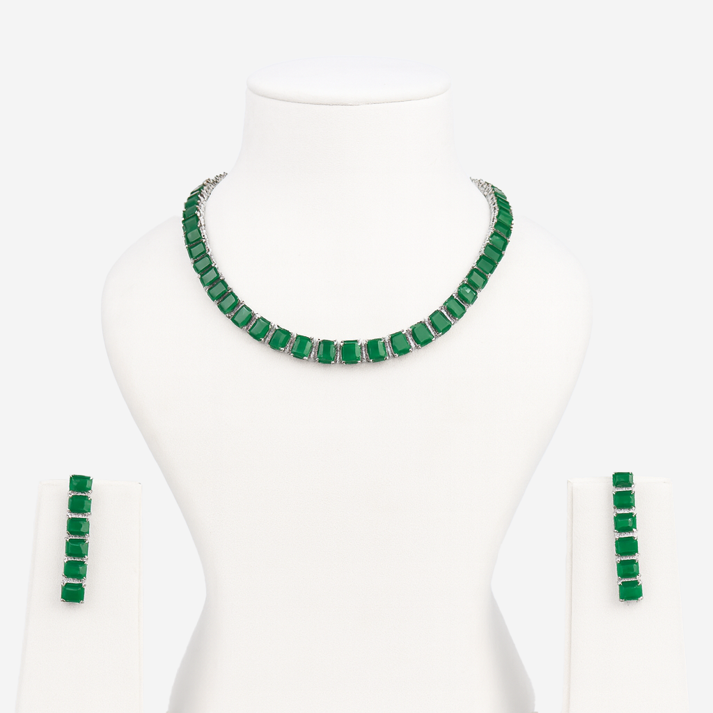 Aanura Green Emerald-Cut Necklace Set in Stainless Steel
